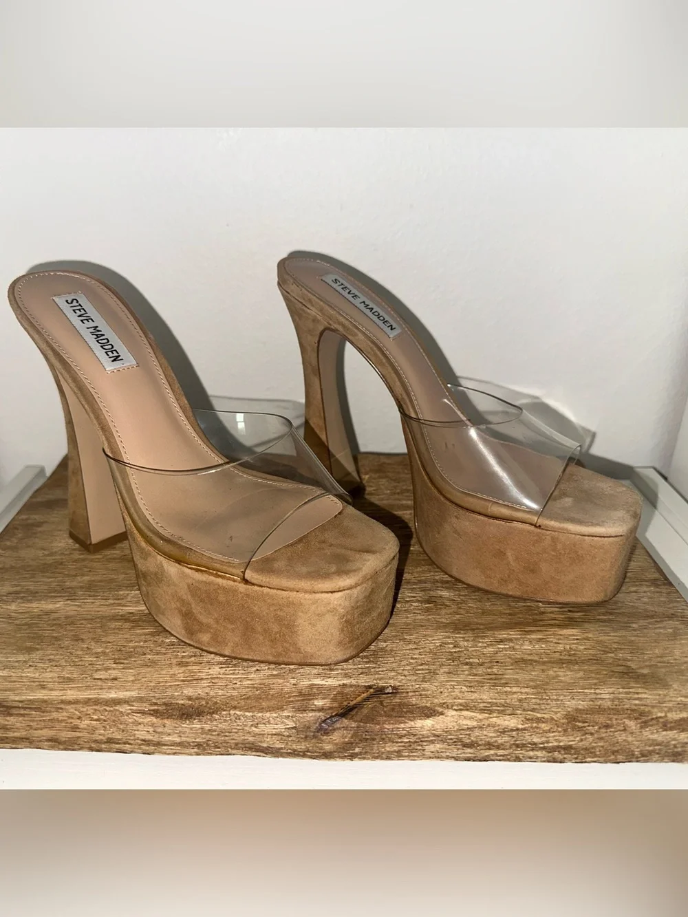 Steve Madden Tan Suede Platform Sandal with Clear Strap